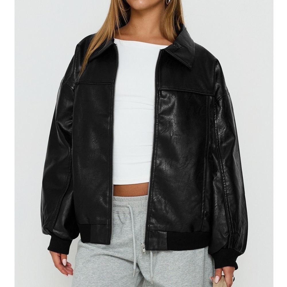 Princess Polly Jacket Women's 6 Goldsmith Black Faux Leather Zip Up Bomber